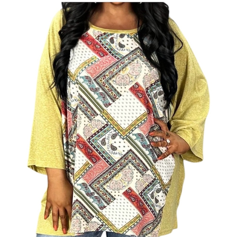GiGio Plus Mustard Rust Paisley Floral Top Oversized Size XL